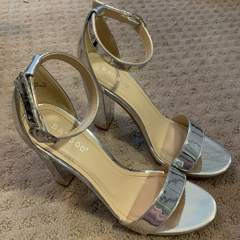 silver reflective block heels